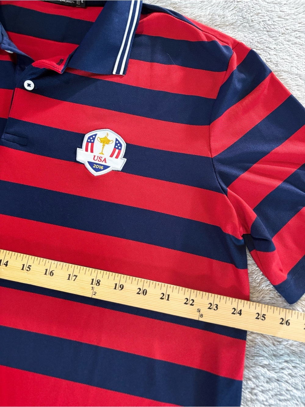 Ralph Lauren Red and Navy Horizontal Stripe Polo Ryder Cup 2016 USA Crest - Picture 3 of 8